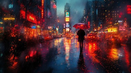 Rainy night, city street, lone figure, red umbrella.
