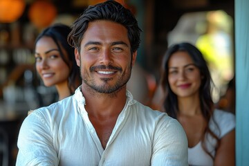 Fototapeta premium Confident man smiling with friends in a warm atmosphere