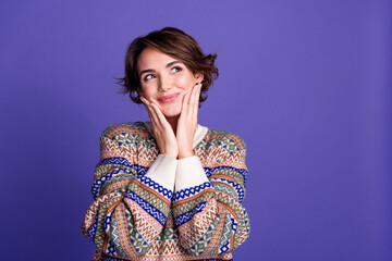 Photo of pretty nice sweet woman wear stylish clothes arm touch face look empty space isolated on purple color background