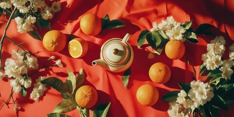 Fototapeta premium Fresh Orange Sunburst Display with Tea