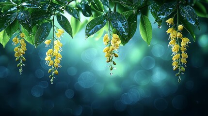 A bunch of yellow flowers hanging from a tree branch