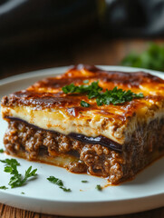 Plate of moussaka garnished with parsley.