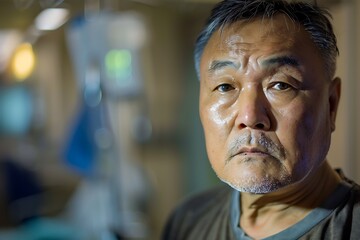 Senior asian patient recovering in hospital bed expressing worry
