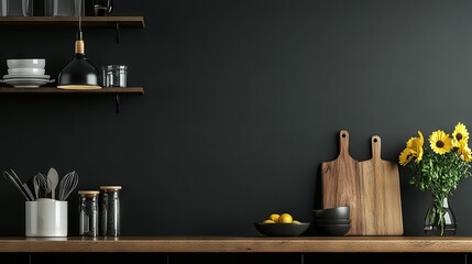   Wooden cutting board resting atop kitchen counter beside sunflower-filled vase and array of kitchen tools
