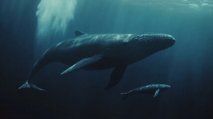 A Whale with its Two Babies in the Deep Ocean, potential usecase for image buyer: underwater wildlife, marine life, ocean conservation