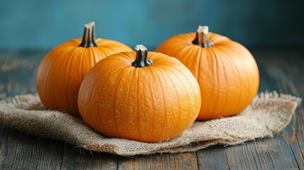 Three small pumpkins sitting on top of a burlap cloth