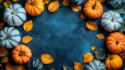 A group of pumpkins and gourds on a blue background