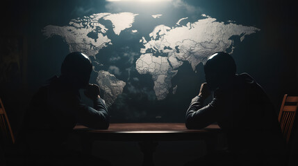 two masked men in motorbike helmets sitting at a table looking at a world map; concept of power games, politics, economic conflicts in the international arena