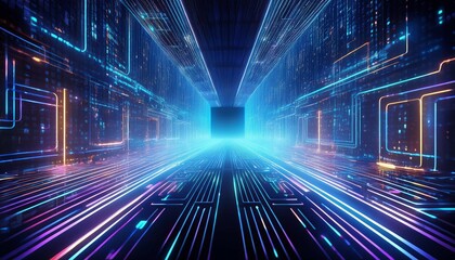 digital data flow tunnel with neon sign technology concept