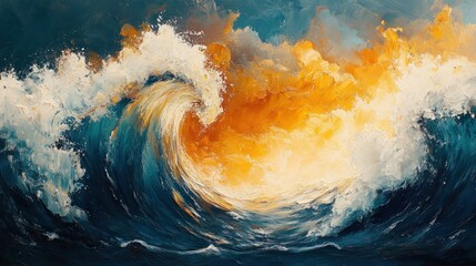Fototapeta premium Impasto ocean wave, sunset colors, dramatic.