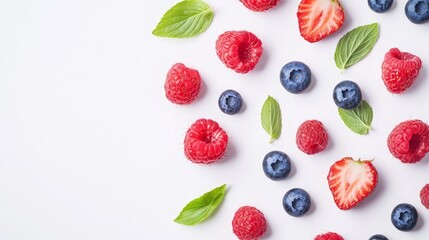 A bunch of raspberries, strawberries and blueberries on a white surface