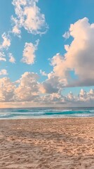 Serene beach scene with clouds and gentle waves under a blue sky.