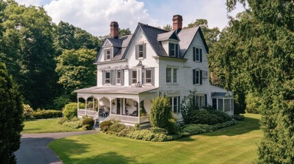Fototapeta premium Large white Victorian house on a green lawn with trees.