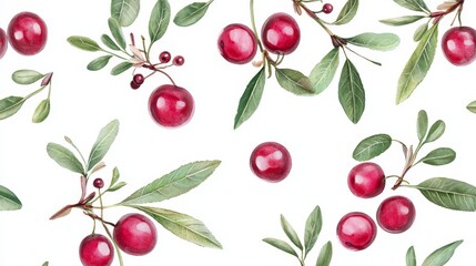 A bunch of red berries with green leaves on a white background