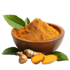 Turmeric Powder in Wooden Bowl with Root   Leaves