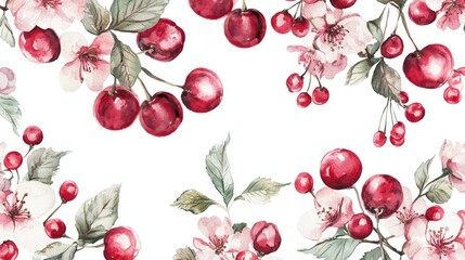 A watercolor painting of cherries and flowers on a white background