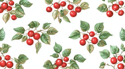 A bunch of cherries with green leaves on a white background