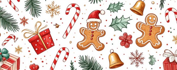 Fototapeta premium Festive Christmas pattern with gingerbread men and candy canes