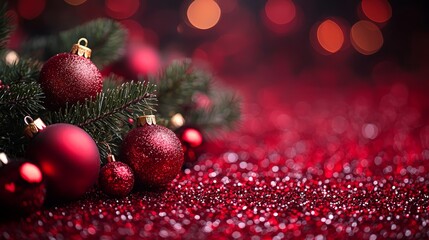 A bunch of red christmas ornaments on a red glittery background