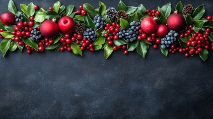 A border of red and green berries and pine cones on a black background