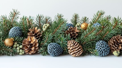 A bunch of pine cones and berries on a white surface