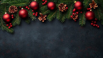 A border of red and gold ornaments and pine cones on a dark background