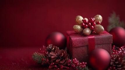 A red gift box with red and gold ornaments on a red background