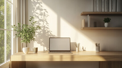 A sleek laptop on a wooden desk with a cup of coffee beside it, minimalist home office, bright natural light, clean and uncluttered design