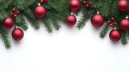 A border of red christmas ornaments on a white background