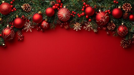 A red background with red and gold ornaments and pine cones