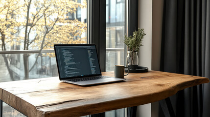 A sleek laptop on a wooden desk with a cup of coffee beside it, minimalist home office, bright natural light, clean and uncluttered design