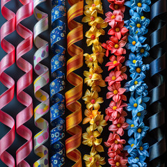 Obraz premium Row of ribbons with flowers on them. The ribbons are in different colors and patterns