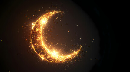 Elegant crescent moon and star symbol with glowing ethereal light isolated on a dark minimalist background providing ample copy space for spiritual messages meditations. Emblaze. Illustration