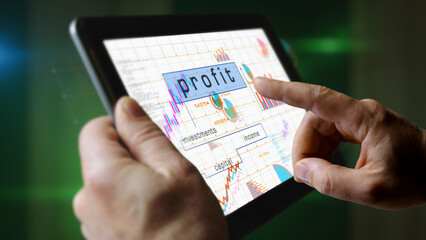 Profit business and income charts graphs on touchscreen pad display