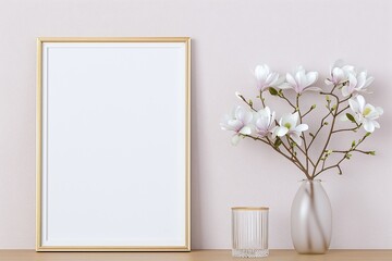 Empty picture frame, white magnolia flowers, vase, gold frame, copy space, home decor, interior design, spring decoration, minimalist, mock-up



