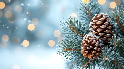 A pine cone on a branch of a tree covered in snow
