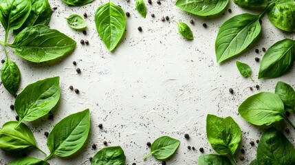 A bunch of fresh green leaves on a white surface