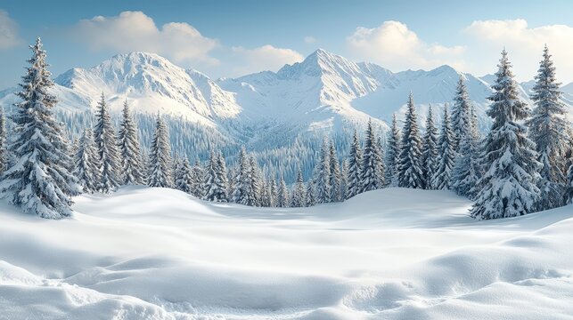 A snowy landscape with trees and mountains in the background