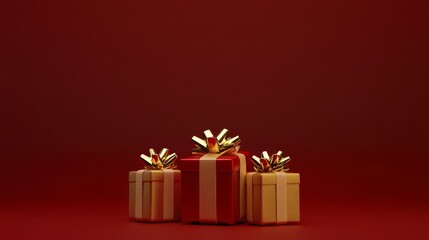 Obraz premium Three red and gold gift boxes with bows on a red background