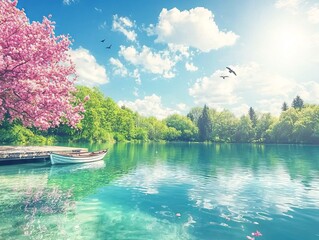 Obraz premium Serene lake scene with blooming trees and a tranquil boat.