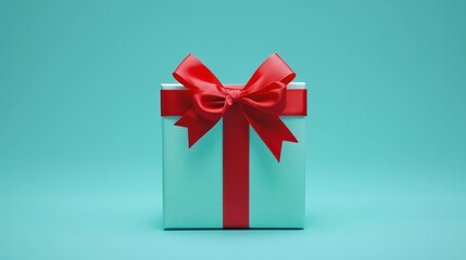 A blue gift box with a red bow on a blue background