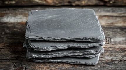 A stack of slate coasters sitting on top of a wooden table