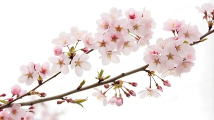Obraz premium A delicate branch of cherry blossoms against a white background. The blossoms are a soft pink color with five petals each, creating a cloud-like effect. 