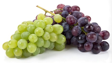 Fototapeta premium A cluster of green grapes and a cluster of red grapes placed side-by-side on a white background. The grapes are plump and juicy looking.