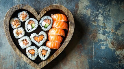 A heart shaped wooden bowl filled with sushi on top of a table