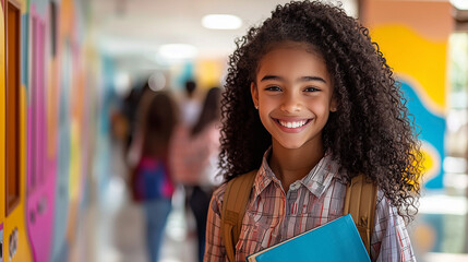 Confident student smiling in colorful hallway