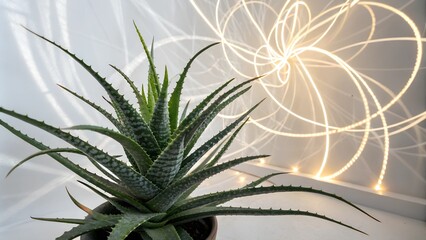A close-up photo of an aloe vera plant in a pot. The plant is in the foreground, with a blurred abstract background of swirling light patterns.