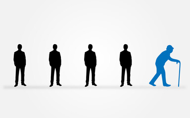 Old man in a group walkout concept image, old man walkout from a young group