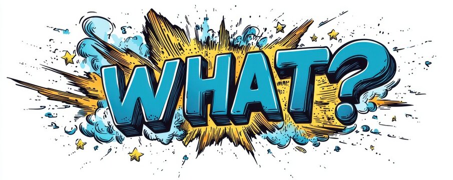 Dynamic comic book style lettering of the word 'what' with explosion effect