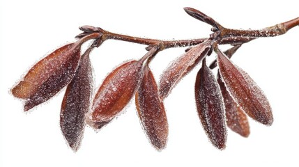 A branch of a tree covered in frost on a white background